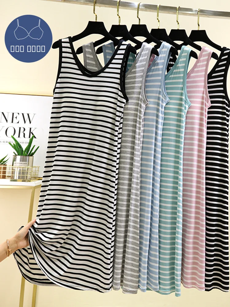 

Modal Sp Dr Summer Loose Striped Base Skirt Vest Sle Home Wear round Ne Large Size Nightgown with Chest Pad