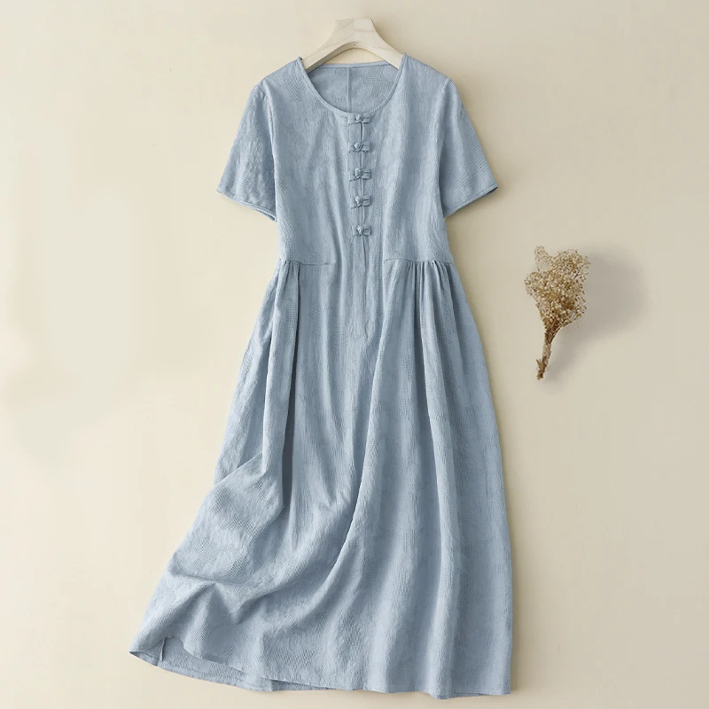literature loose casual dress Women Literary Style Solid Color Loose Cotton Linen Dress Summer O Neck  Pullover Casual Dresses Female Side Double Pockets Gown