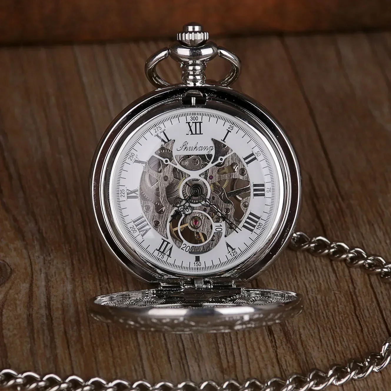 Luxury Silver Mechacnical Hand-winding Mens Pocket Watch with FOB Chain 2022 Hot Smooth Steel Women Unisex Pocket Watch