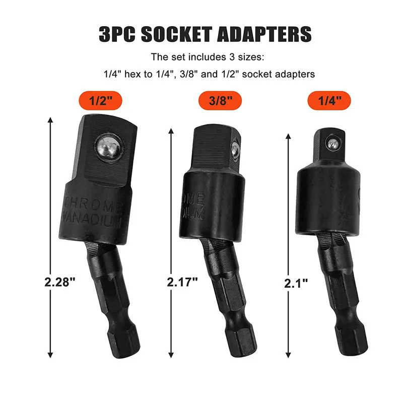 360 ° Drehbare elektrische Bohrmaschinen-Steckdosen-Adapter-Sets für Schlagschrauber mit Sechskantschaft 1/4 Zoll, 3/8 Zoll, 1/2 Zoll – Detail 6
