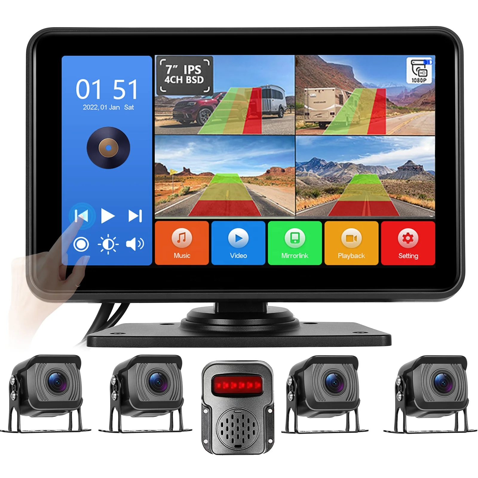 New AI Vehicles and Pedestrians Detection 7 Inch 4 Channels  Backup Camera With Outside Voice Alarm BSD System for Truck