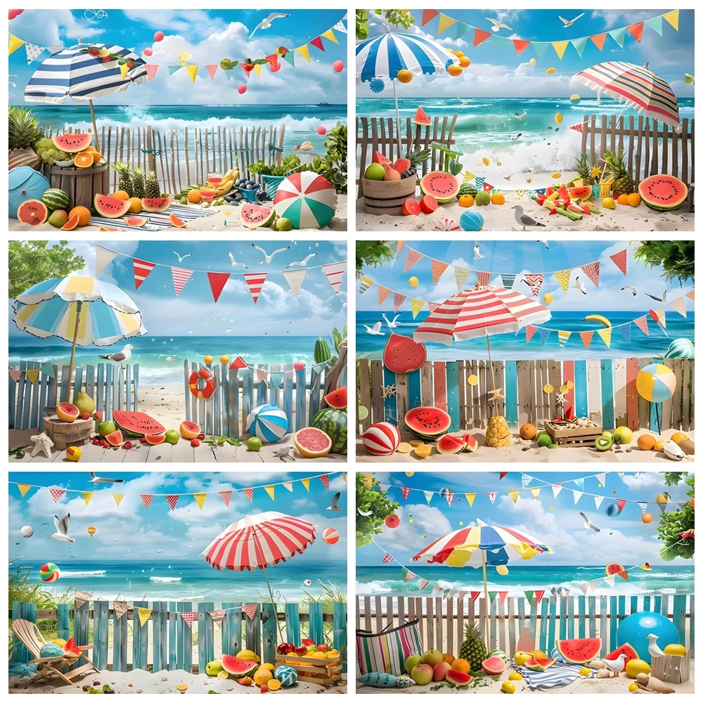 

Summer Beach Hawaiian Party Photography Backdrop Fruit Seaside Sea Watermelon Parasol Kids Portrait Cake Smash Photo Background