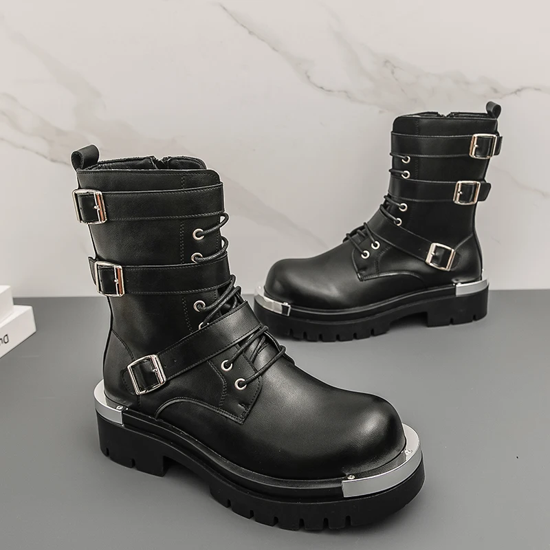 Punk Style Men Boots Fashion Belt Buckle Design Mid-calf Boot High Quality Leather High-top Boots for Men Motorcycle Knight Boot