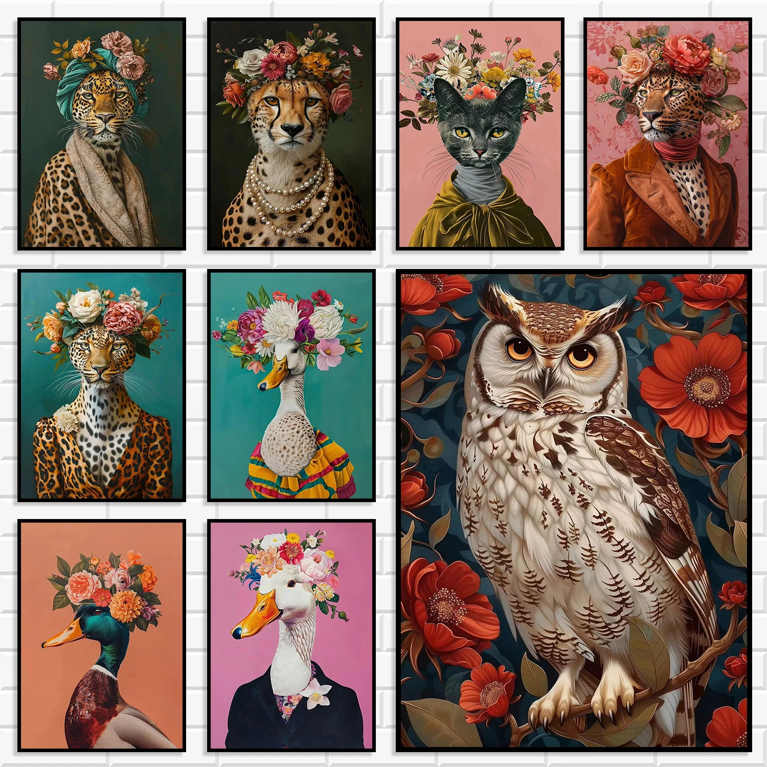 Vintage Anthropomorphic Animal Canvas Wall Art Leopard Cat Duck Owl With Flower Crown Portrait Posters Prints Nordic Home Decor