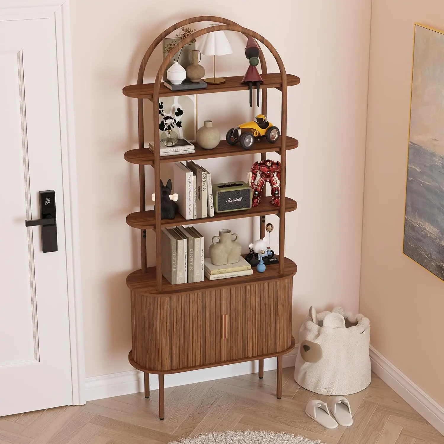 رف كتب مقوس مخدد بطول 71 بوصة مع أبواب الدف المنزلقة، خزانة كتب منحنية معدنية حديثة لمنتصف القرن (الجوز) #5