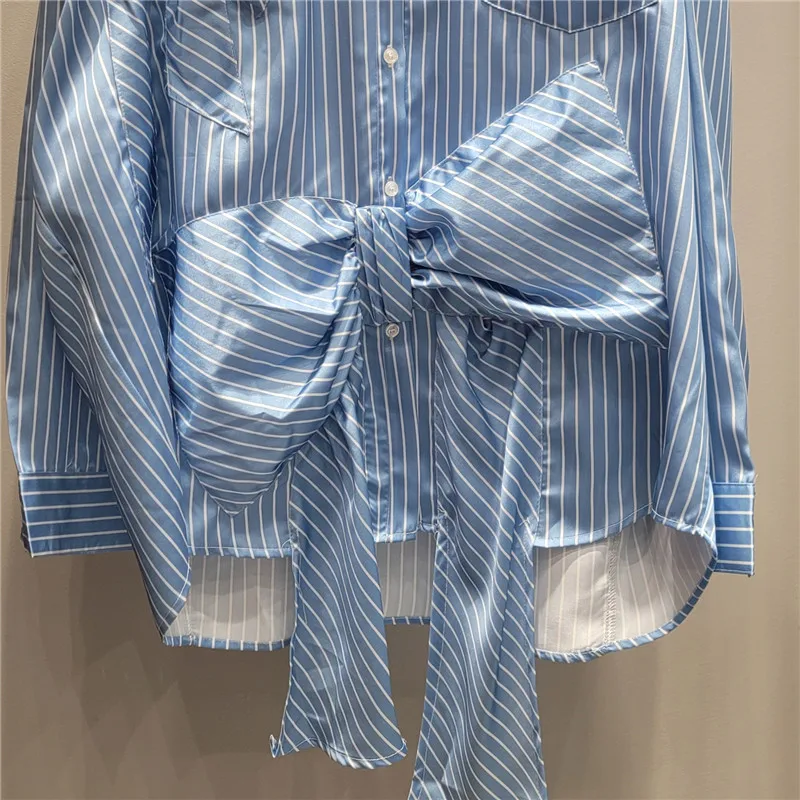 2024 Autumn New Bow Blue Striped Shirt Women High-Grade Korean Style Pocket Decoration Loose and Irregular Top Women Shirt