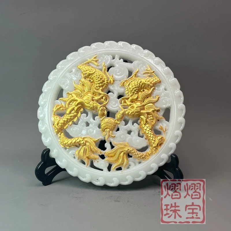 Luminous gilded double dragon playing with pearls ornament, Chinese-style living room TV cabinet, solid wood round fortune chara