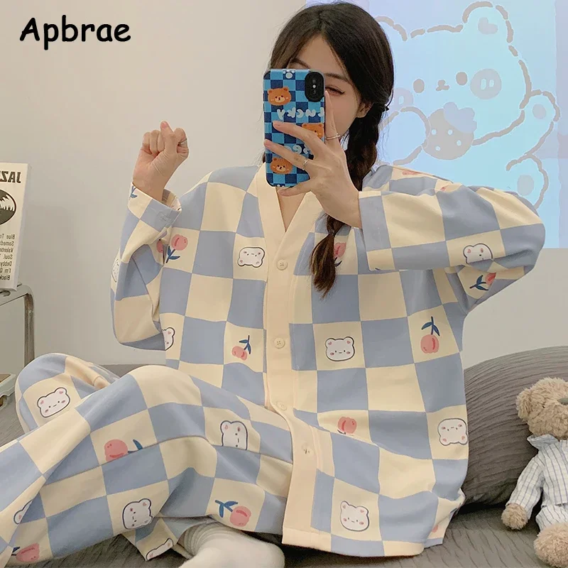 New Pajama Sets for Women Spring Autumn Kawaii Bear Print Pijamas Faux Cotton Cardigan Sleepwear Long Sleeve Japanese Loungewear