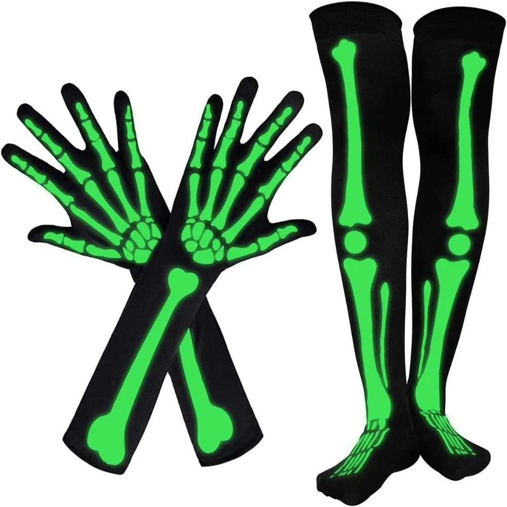 Prank Stockings Skeleton Gloves Fluorescent Black Skeleton Long Socks Costume Breathable Halloween Luminous Set Women