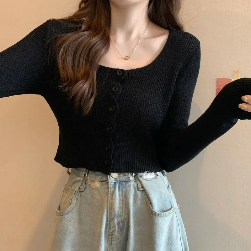 

Cardigan Women Square Collar Popular Solid Minimalist Knitting 5 Colors Cozy All-match Leisure Female Tender Korean Style Autumn