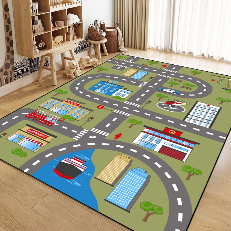 Cartoon City Traffic Carpet Children\'s Play Mat Fluffy Soft Large Area Rug Non-slip City Roadmap Traffic Signs Kids Educational