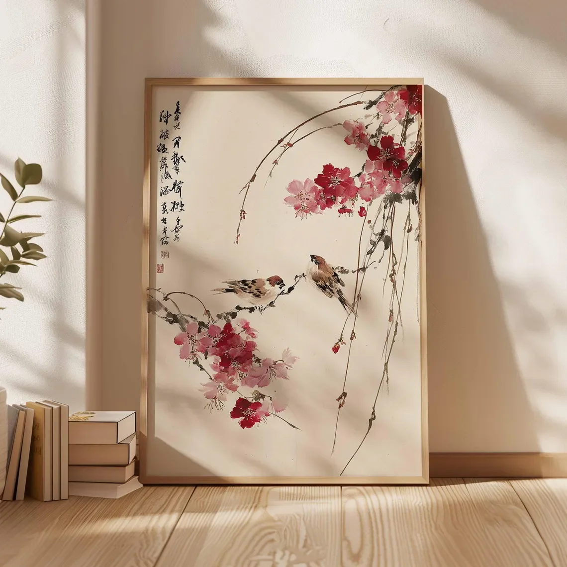 Cherry Blossom Wall Art, Japanese Bird Poster, Asian Style Print, Oriental Nature Artwork, Zen Home Decor, Traditional Floral Wa