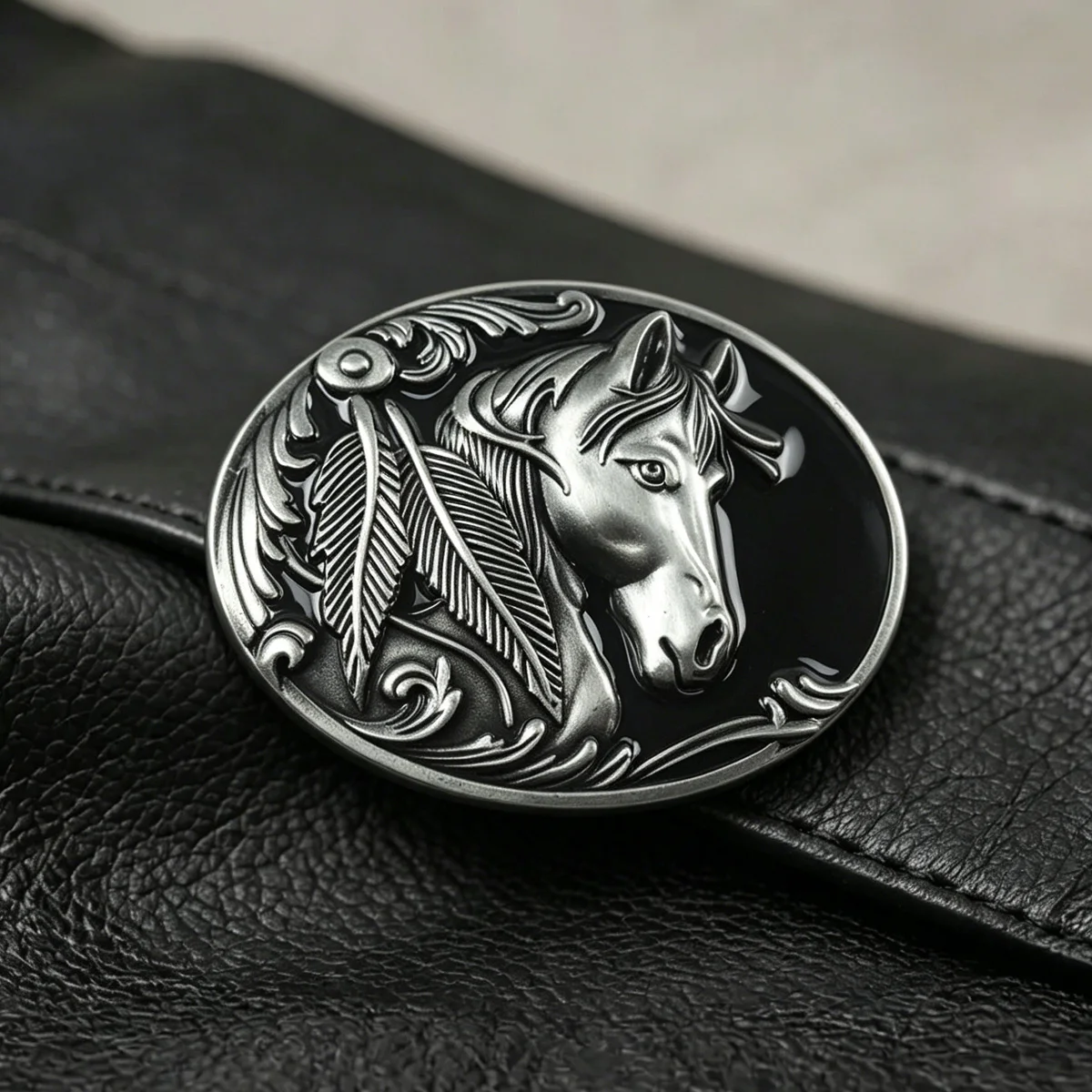 Oval Horse Head Belt Buckle - Retro Western Cowboy Style Embossed Black Belt Buckle for Men