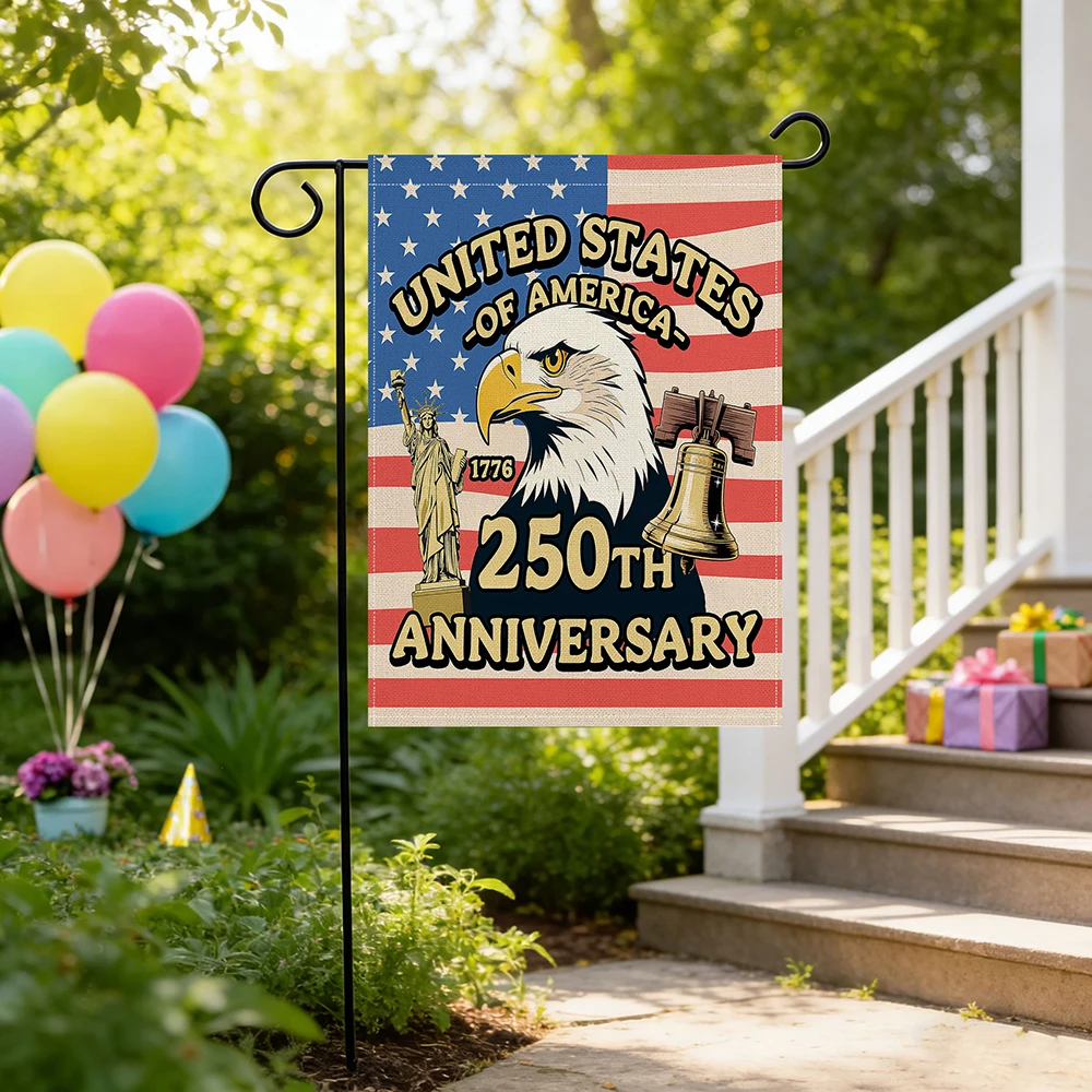 1 piece, American 250th Anniversary Patriotic Garden Flag.  Features a striking design with a bald eagle, Statue of Liberty, and