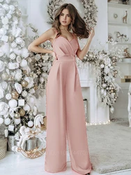 Sexy V-neck Jumpsuits Elegant Rompers 2024 Summer Jumpsuit Women Wide Leg Playsuits Solid Color Casual Overall Monos Largos