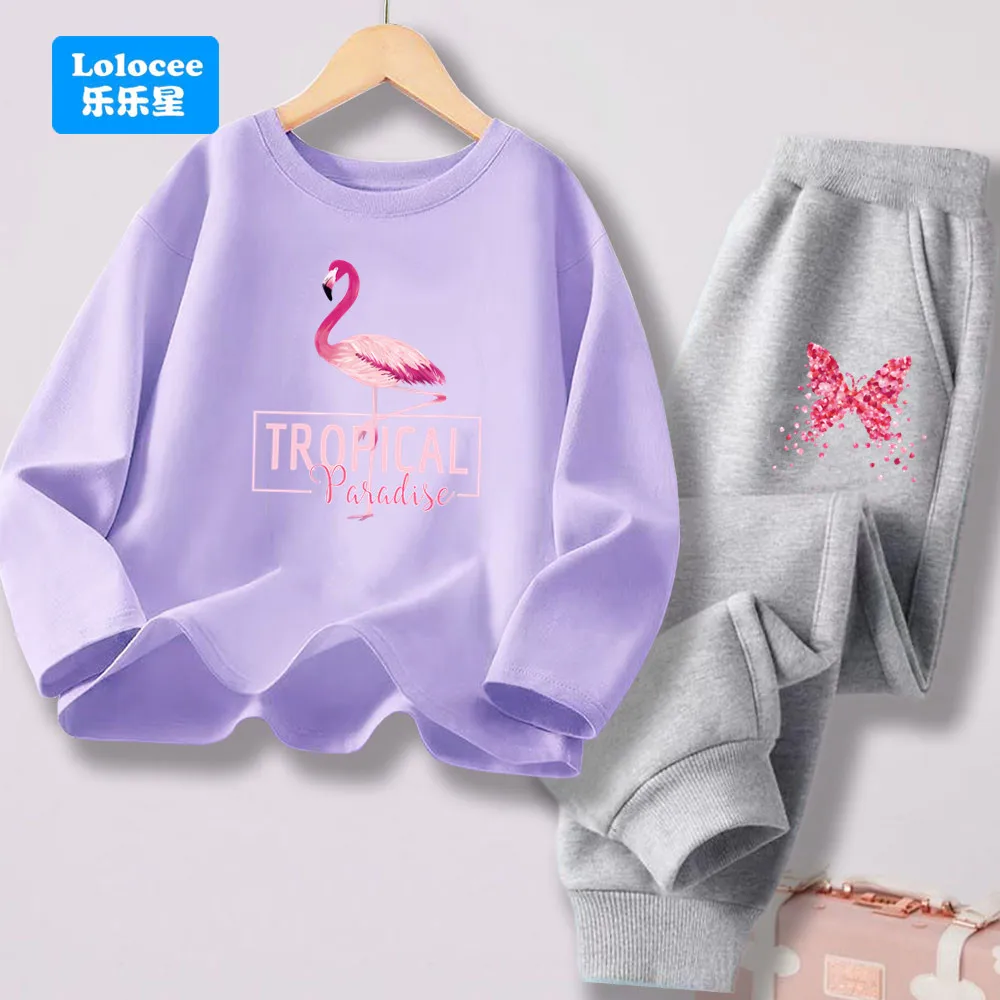 Frühling Neue Flamingo Lange Ärmeln Mädchen Top Lange Hosen Zwei Stück Anzug kinder Casual Kleidung Sets Kinder Outfit HLN1