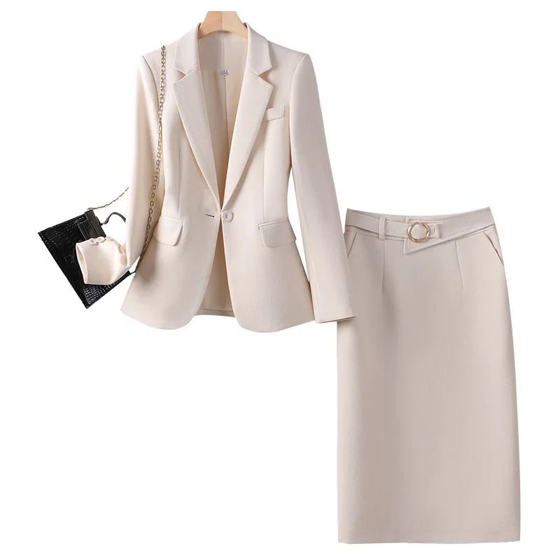 

2023 Elegant Women Skirt Suit Autumn Winter Black Apricot Pink One Button Business Office Lady Formal Blazer Jacket 2 Pieces Set