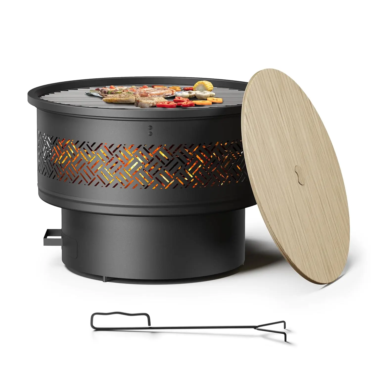26in Fire Pit with Grill & Lid, Wood Burning Outdoor Firepit Table with Poker for BBQ Camping Patio, Customized