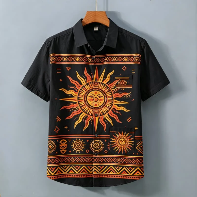 

Ethnic totem printed men's short sleeved pocket shirt, suitable for outdoor activities, with a distinct folk aesthetic