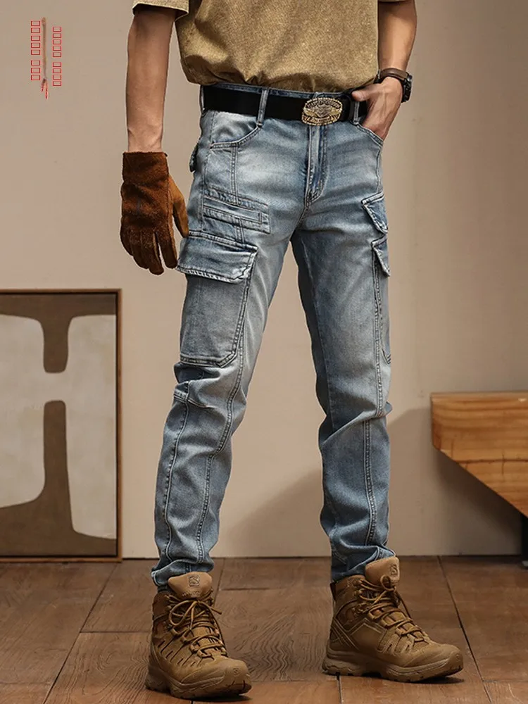 

Мужские джинсы в стиле ретро, приталенные, для весны и осени, повседневные, легкие, синие, рабочие брюки, молодежный стиль