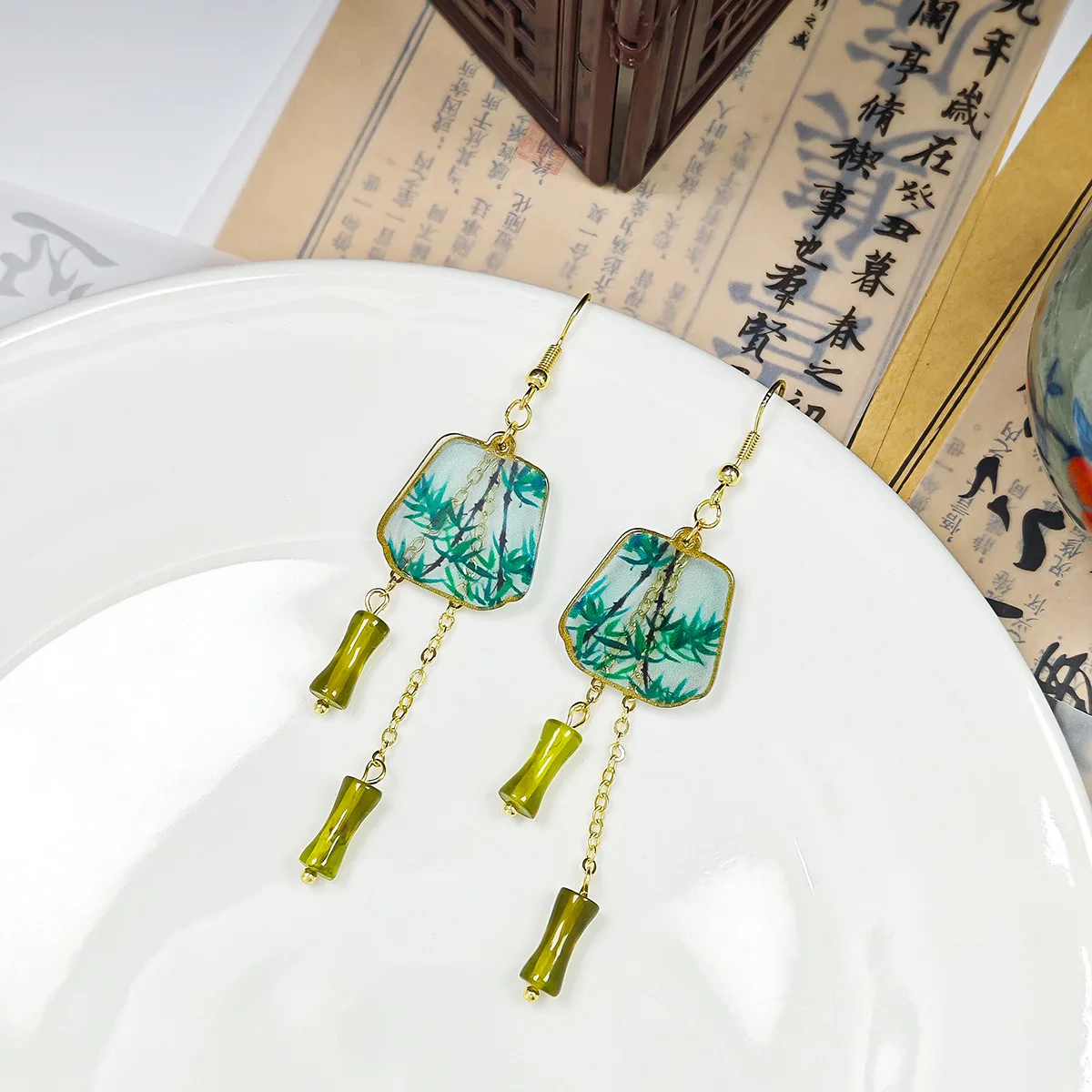 Pendientes de cadena de borla de nudo de bambú de estilo chino, accesorios de estilo antiguo Hanfu Cheongsam, pendientes de abanico femeninos, marea campestre, nuevo