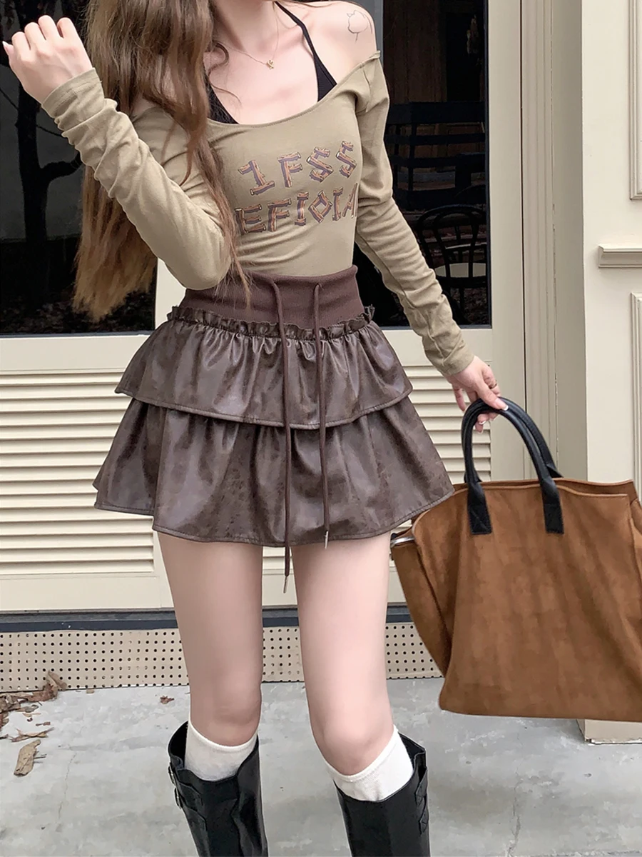 

Женская короткая юбка из искусственной кожи большого размера, осенне-зимняя новинка, с высокой талией, с оборками, многоярусная, А-силуэт, пышная, элегантная, женственная