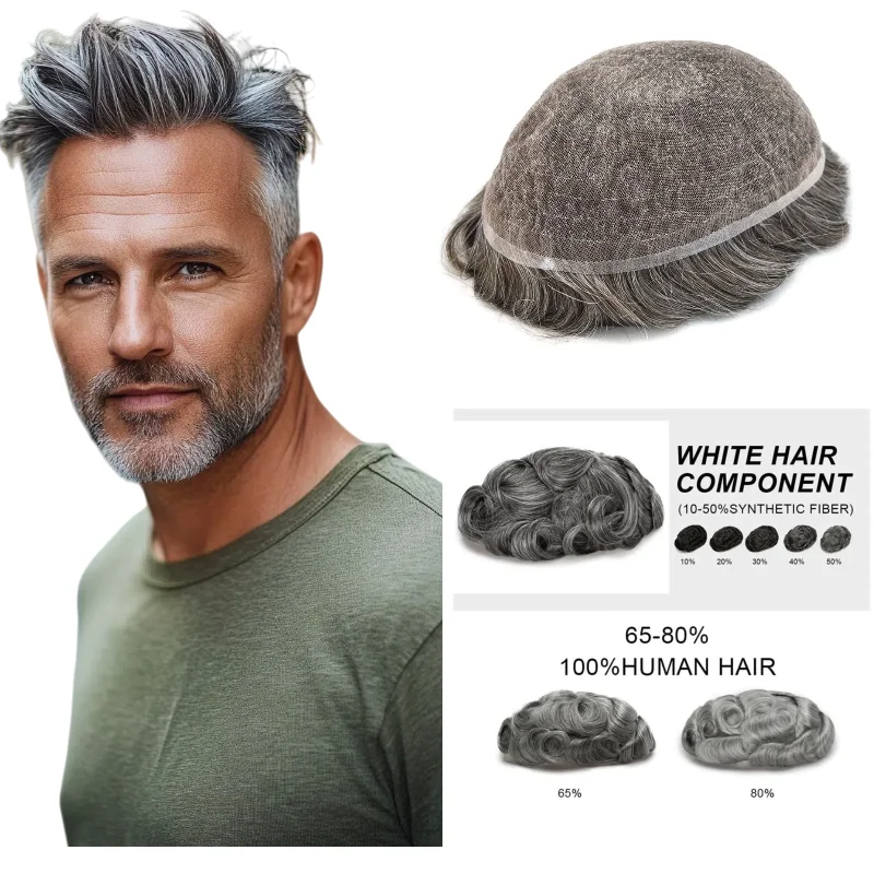 شعر مستعار للرجال بقاعدة دانتيل كاملة مقاس 6 × 8 بوصة شعر بشري 100% شعر رمادي | لألوان كروز 1B90 # 613 وضع العطلة #1