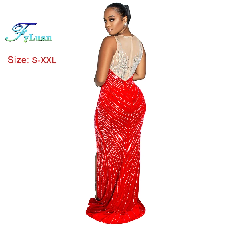 Sheer ตาข่ายผู้หญิงสีบล็อกห่อด้านหน้าไม่สมมาตรชุด Rhinestones ร้อนแขนกุด O คอหญิง Vestidos ความยาวชุด