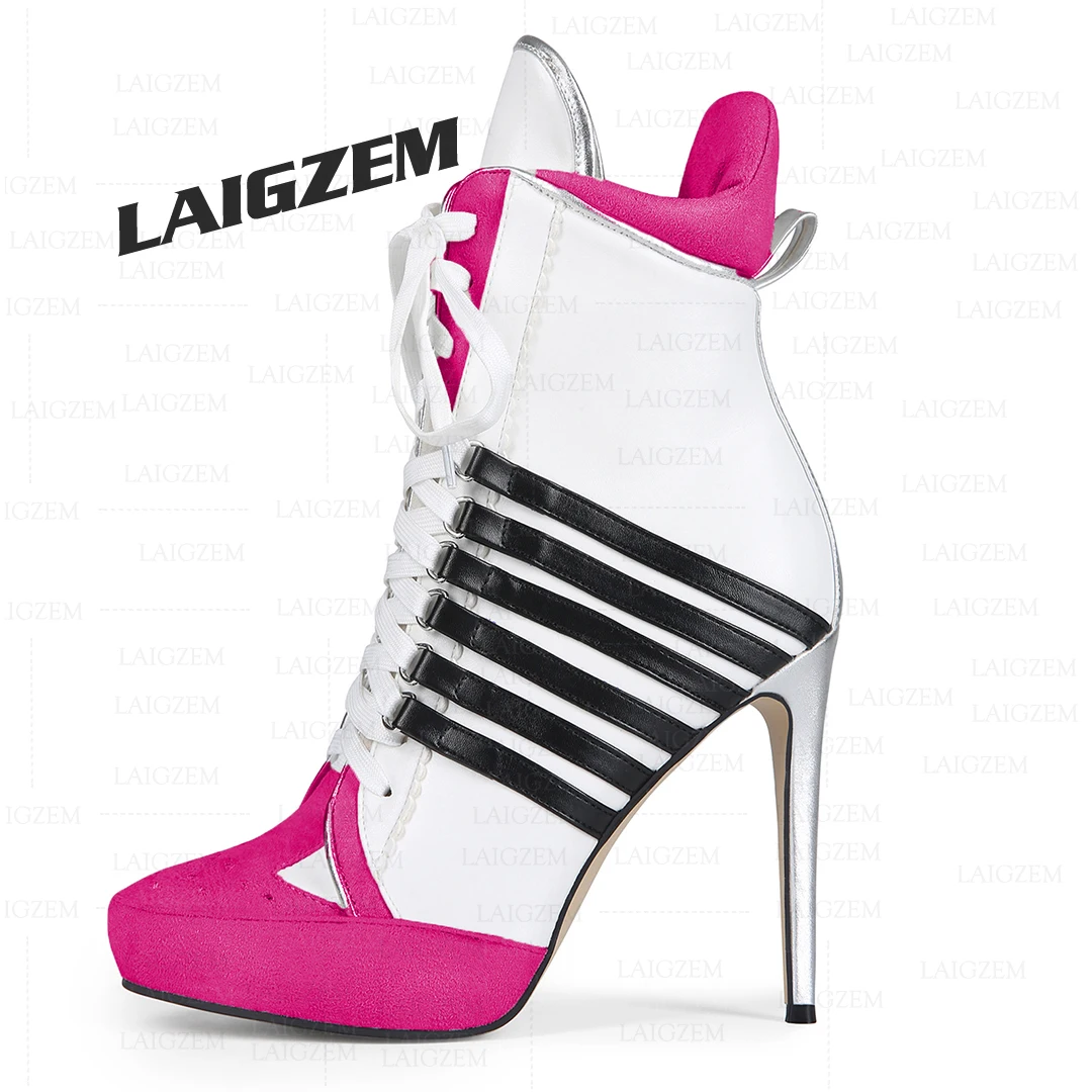 LAIGZEM, botines para mujer, botas cortas finas de tacón alto con retales, zapatos hechos a mano con cordones para mujer, talla grande 38 41 45 47