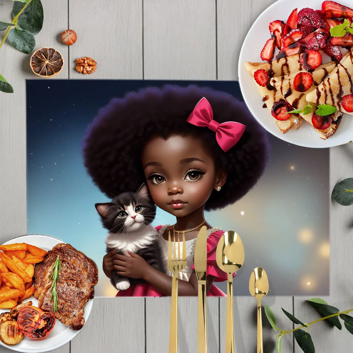 Cute Afro Princess with Cat Restaurant Insulated Placemat African Melanin Girls Non Slip Cup Coaster Kitchen Dish Pads Gift image 2