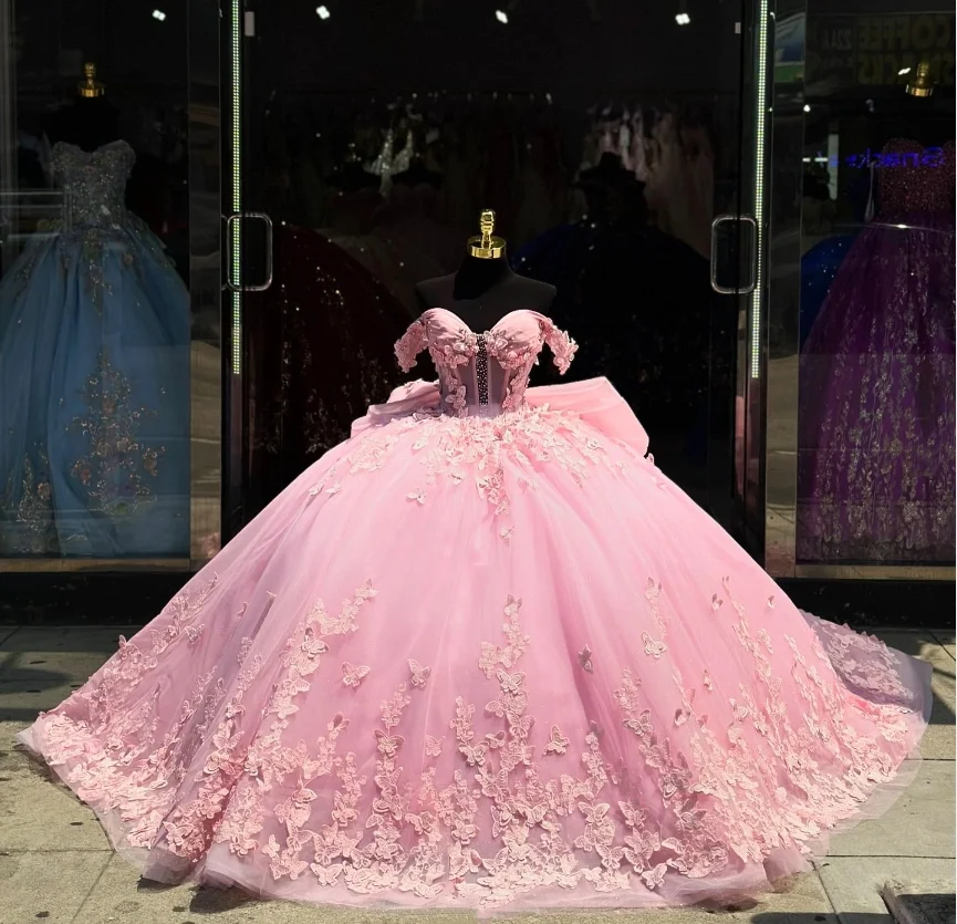 Roze Prinses Exquise 15 Quinceanera Jurken Off Shoulder 3d Bloemen Applique Strik Vestidos De 15 Quinceañera 2024 De Lujo