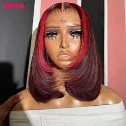 Peluca de cabello humano liso de 13x4 para mujer, postizo de encaje frontal con corte Bob, color burdeos oscuro y rojo, densidad de 180%, predesplumada