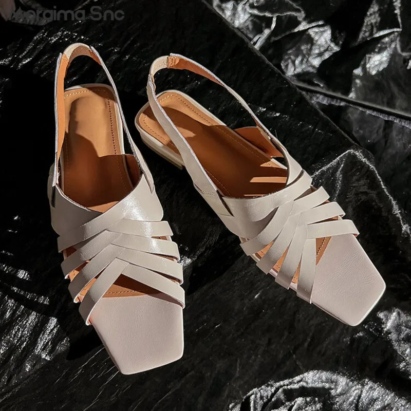 

Retro Gold Square Toe Cross Strap Sandals Summer Open Toe Inside and Outside Full Leather Sandals Low Heel Casual Women's Shoes