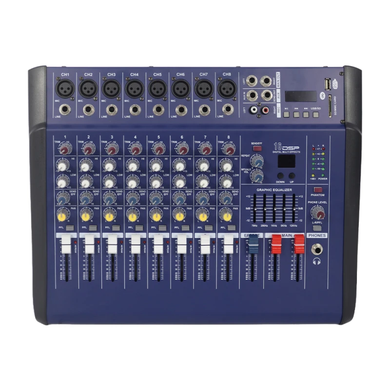 8 Channels Powered Mixer Amplifier Digital Audio Mixing Console Amp with 48V Phantom Power USB/ SD Slot for Recording DJ Stage