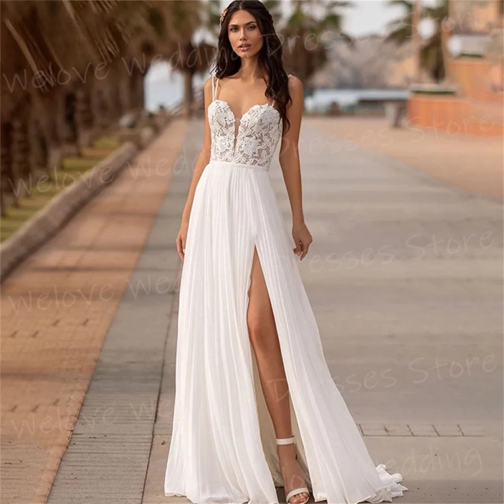 

Simple A Line Women's Wedding Dresses Elegant Appliques Lace Bride Gowns Sexy Spaghetti Straps Side Split Vestidos Novias Boda