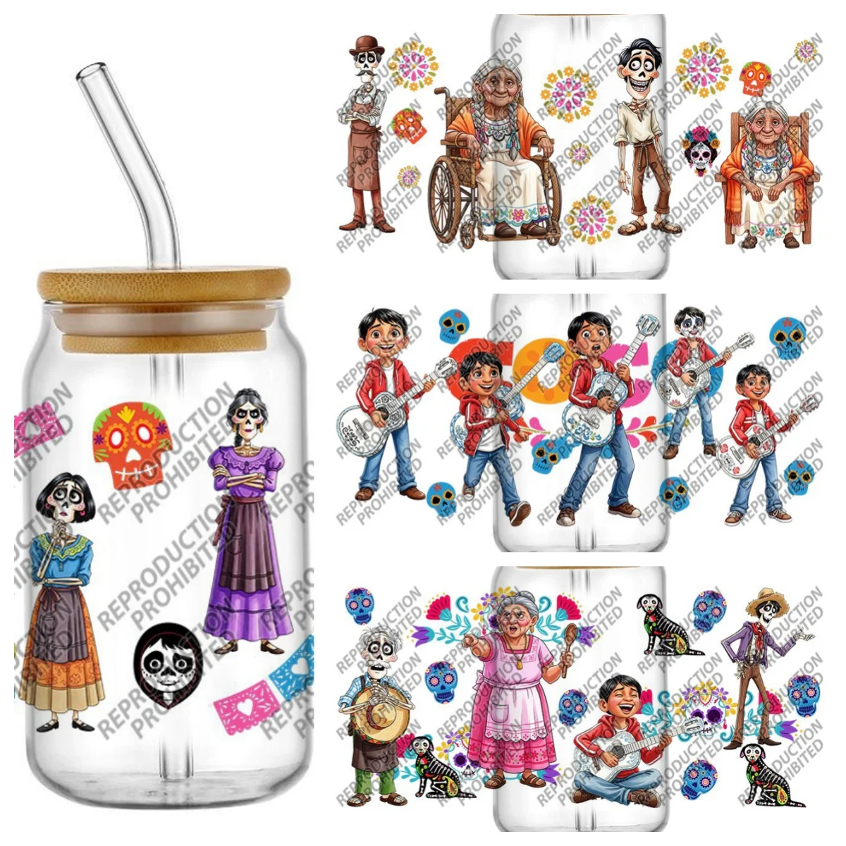 Nuevo Calcomanía 3D de la Abuela COCO para Vaso Libbey de 16oz, Envoltura UV DTF para Taza, Calcomanía 3D para Teléfono, Día de los Muertos ‌   Pegatina de Transferencia DIY Impermeable