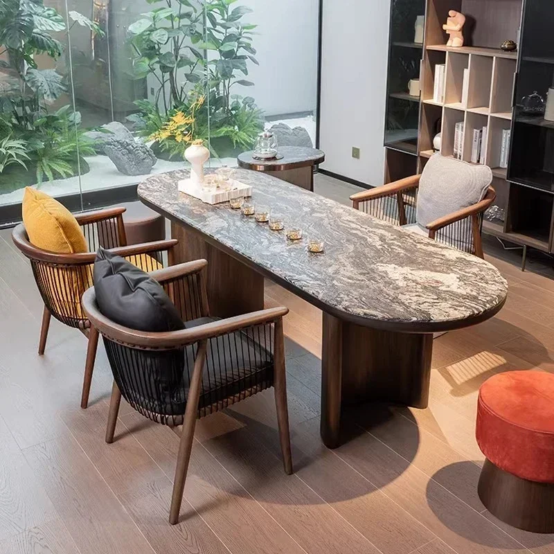 Light luxury premium rotating leather solid wood master chair black walnut tea chair medieval armrest back dining chair