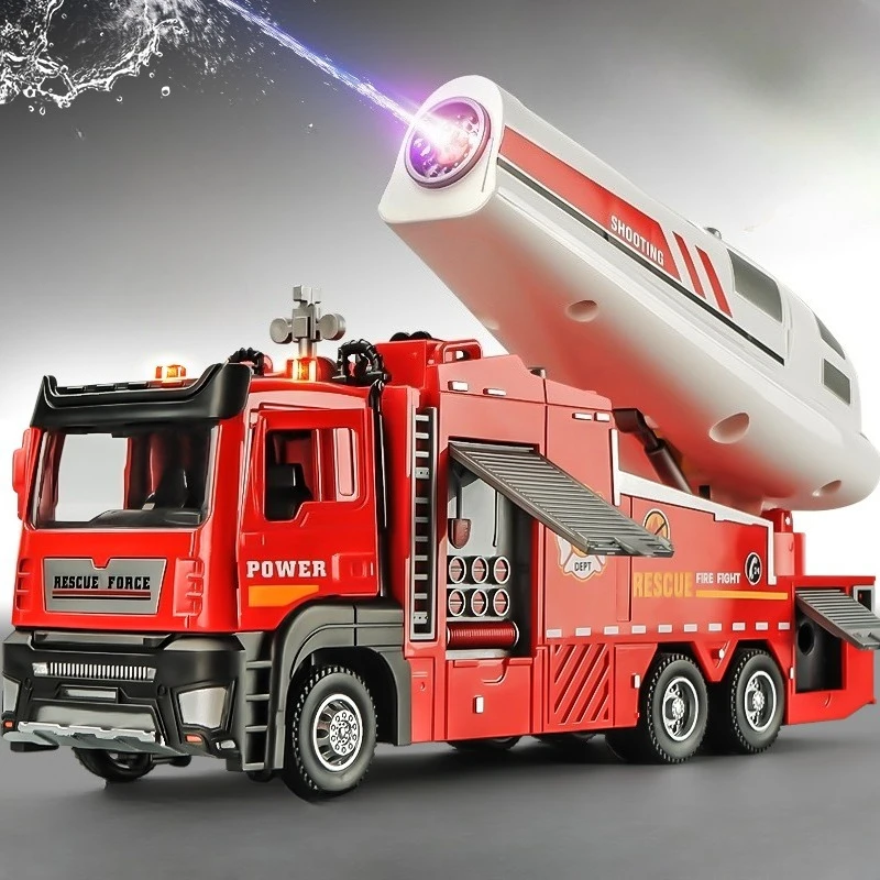 1:32 motor de bombeiros liga diecast modelo carro brinquedos 2 portas abertas som luz puxar para trás spray modelos de veículos de engenharia para o presente do miúdo