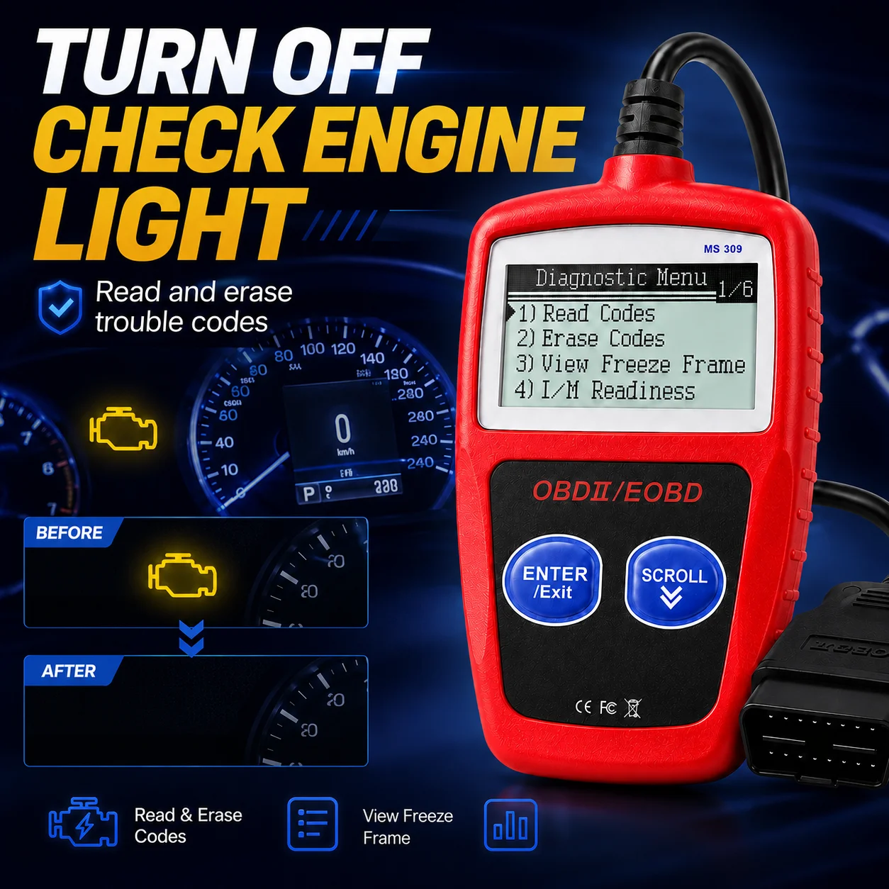 MS309 OBD2 Scanner Car Diagnostic Tool, Engine Fault Code Reader, Check Engine Light Scanner, Read & Clear Error Codes, Auto Cod