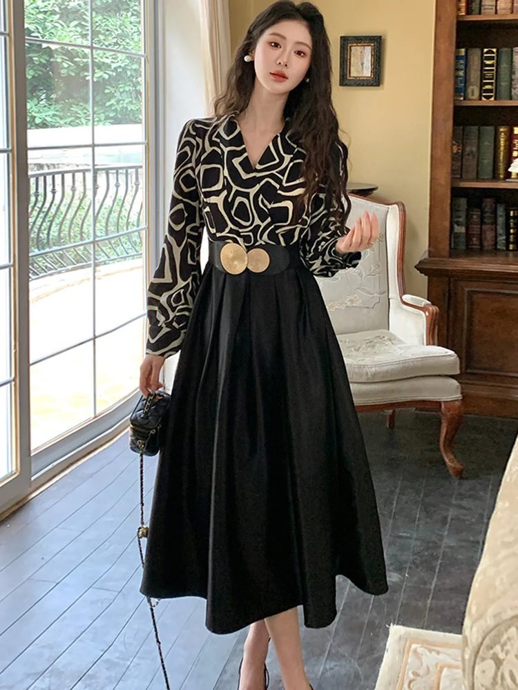 春黒サテンパッチワークプリントシックなドレス女性エレガントなボディコン包帯ロングドレス 2025 韓国ヴィンテージヘップバーンフェスティバルローブ