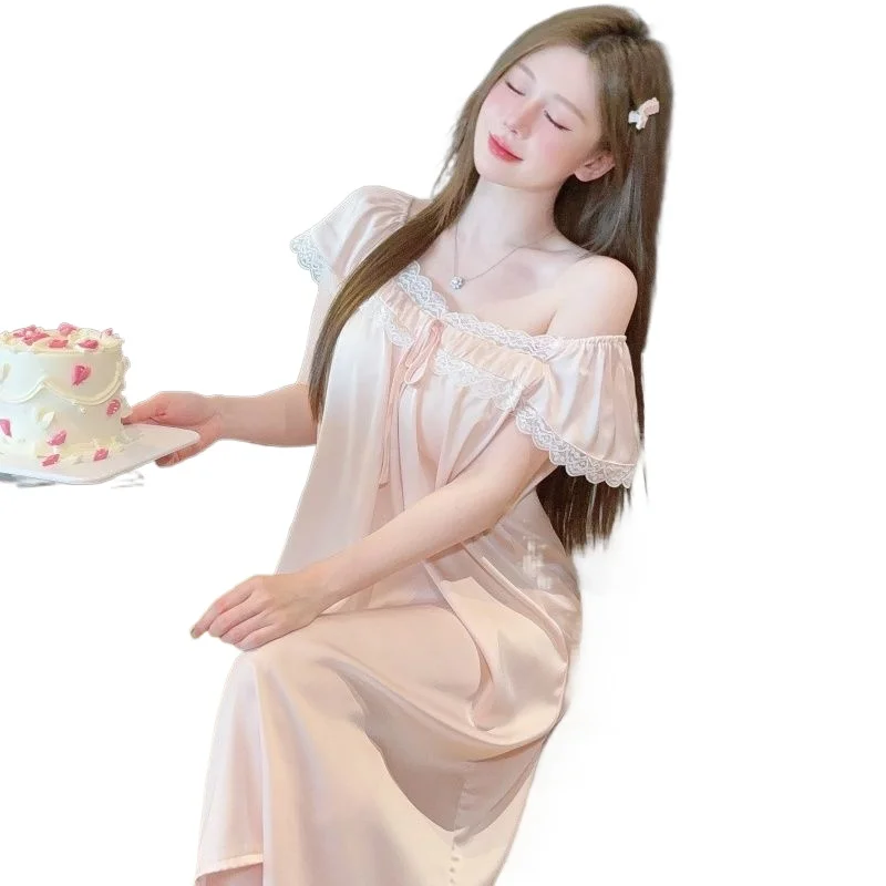 Korean Version of Foreign Fresh and Cool 2026 Ice Silk Home Lace Pajamas Women New Summer Chest Pad Short-sleeved Nightdress
