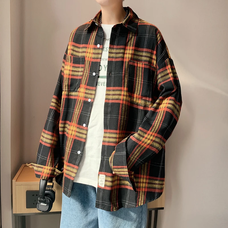 Autumn Oversized Long Sleeved Shirt Men Fashion Retro Plaid Shirt Men Streetwear Korean Loose Casual Shirts Mens Large Size 5XL