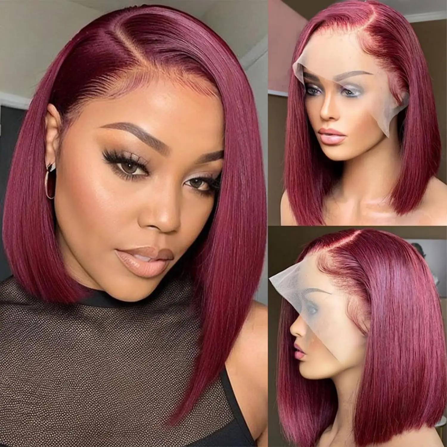 

Straight Bob Wigs 100% Human Hair 99J Burgundy Color Bob Wig Brazilian Straight 13x4 HD Lace Front wig 200 Density
