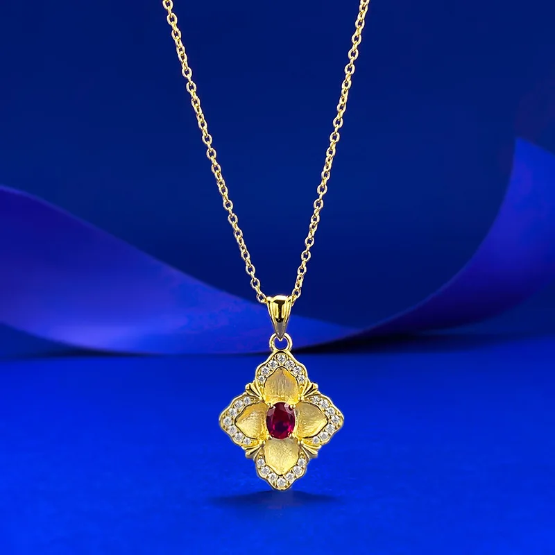 

New S925 silver inlaid pigeon blood red four season water chestnut flower antique pendant for women's wedding jewelry