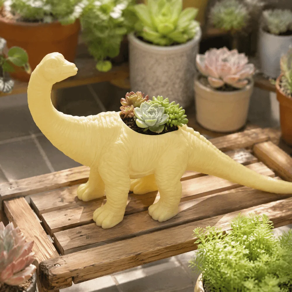 PVC Dinosaur Flower Pot 22 x 6 x 12.5cm Yellow Animal Planter Animal Shape Design Cactus Succulent Pot For Garden Decoration