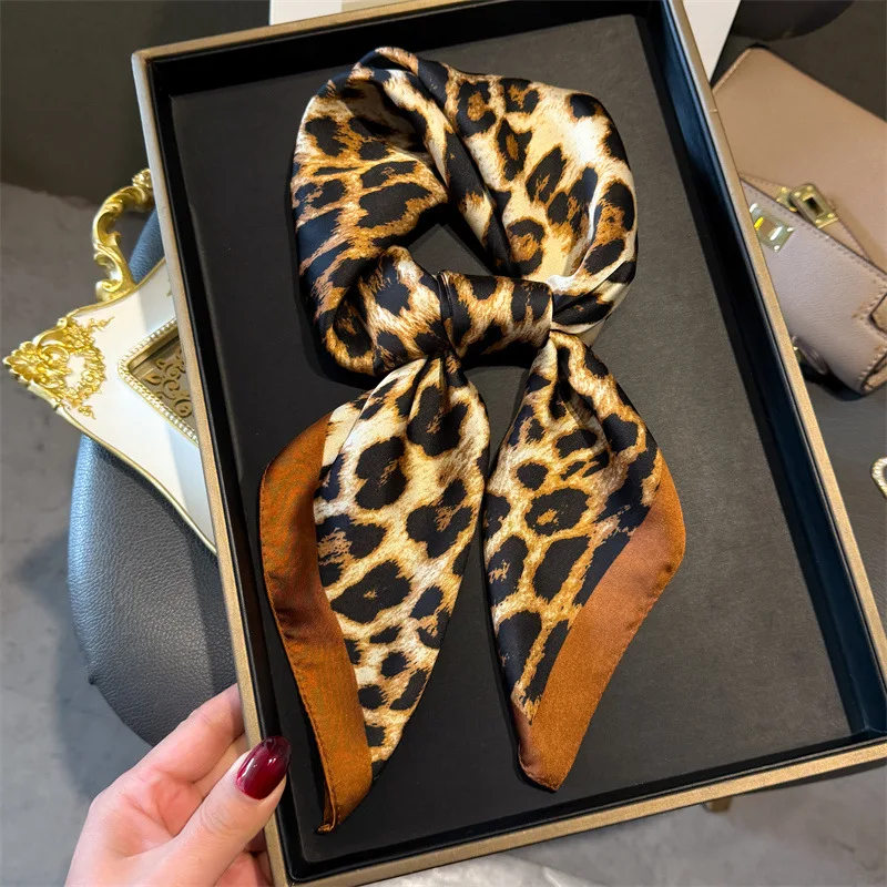

Luxury Satin Leopard Print Hair Scarf Women Kerchief Neck Tie Hand Wrist Foulard Shawl Wraps Head Hijab Bandana Echarpe