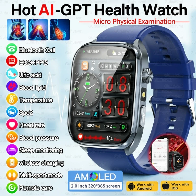 

For iOS Android New AI Health SmartWatch Men Blood Oxygen Uric Acid ECG+PPG Blood Pressure Lipids 2.0''HD Bluetooth Call Watches