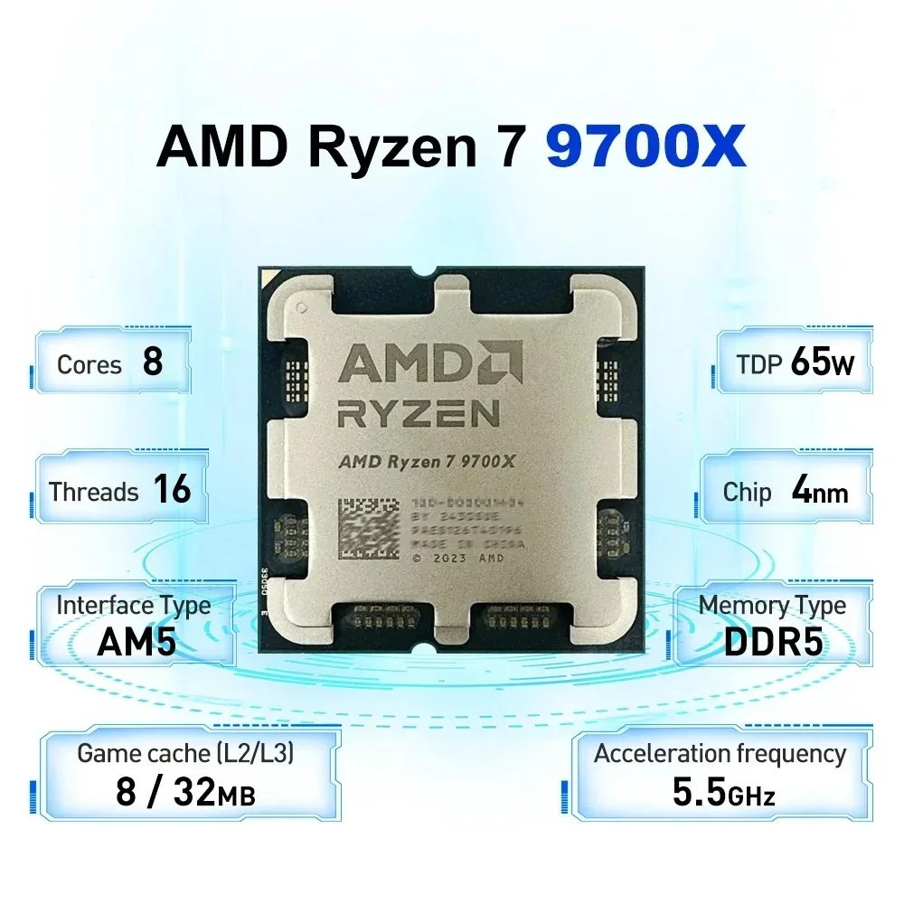 AMD Ryzen 7 9700X PC Upgrade CPU Compatible AM5 Motherboard 8 Core 16 Thread 5.5GHz 32MB Cache DDR5 4nm No Cooler
