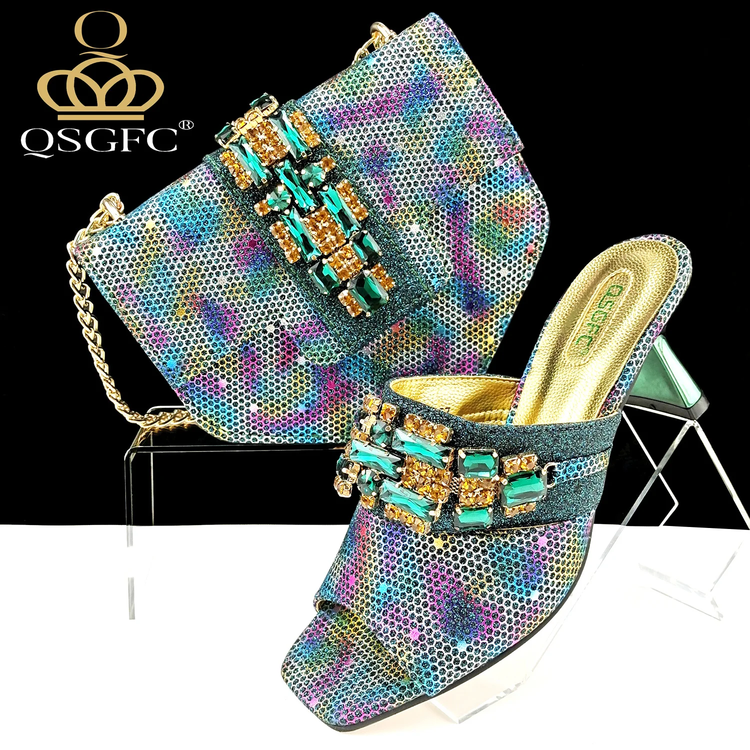 QSGFC INS 2024 colore verde elegante donna tacchi scarpe e borsa Set decorazione in metallo strass donna tacchi alti scarpe di dimensioni più grandi