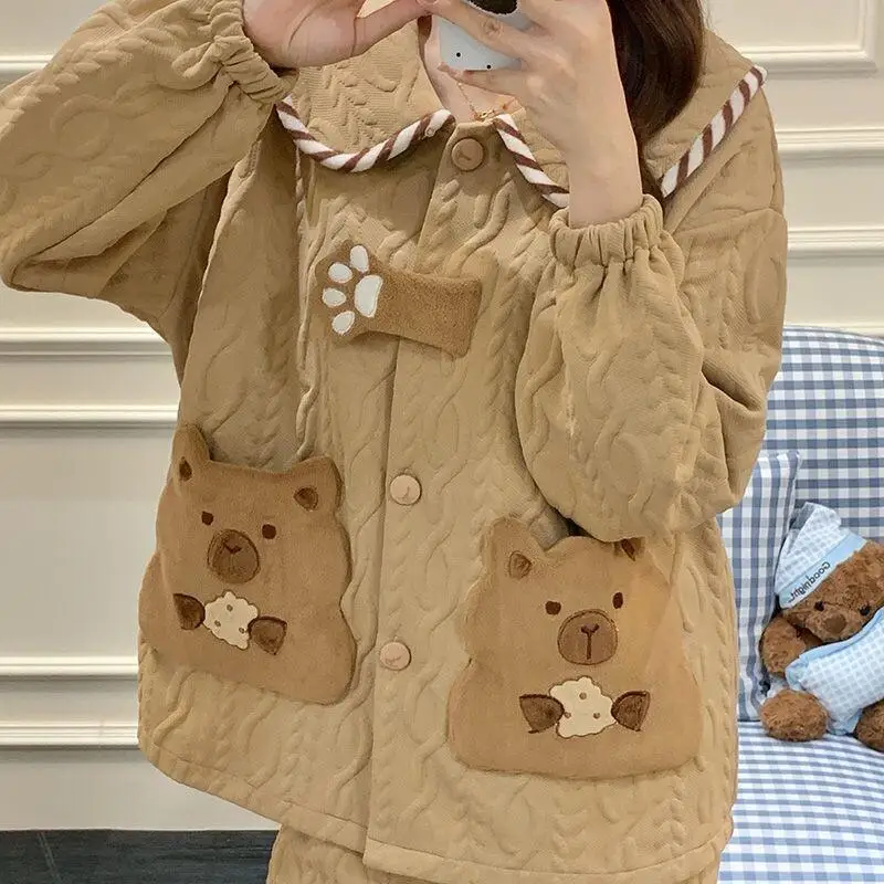 

Pajamas Spring Autumn Winter Doll Collar Casual Loose Sleepwear Women Kapibara Air Cotton Layer Long Sleeve Cardigan